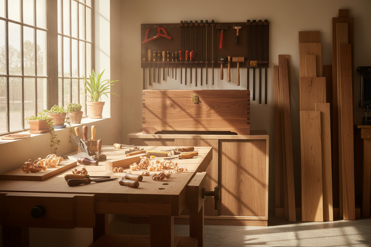 woodshop with storage box in the background